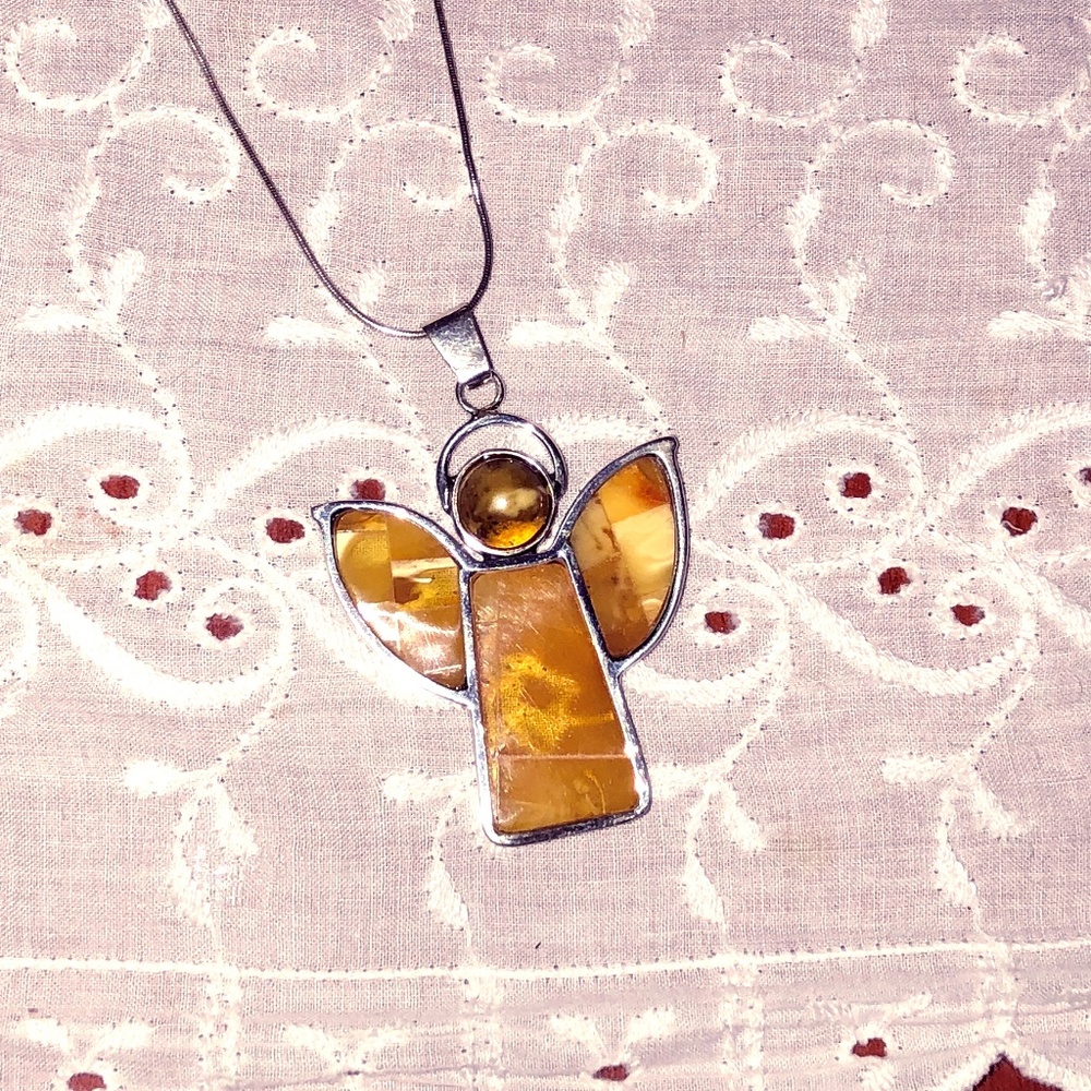 Baltic Honey amber stained glass angel pendant.